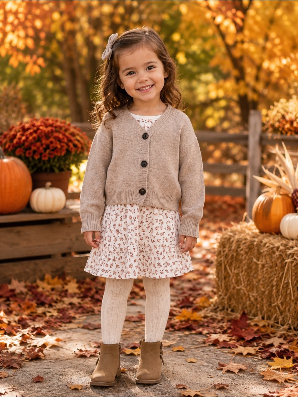 Cozy Beige Knit Cardigan with Floral Dress